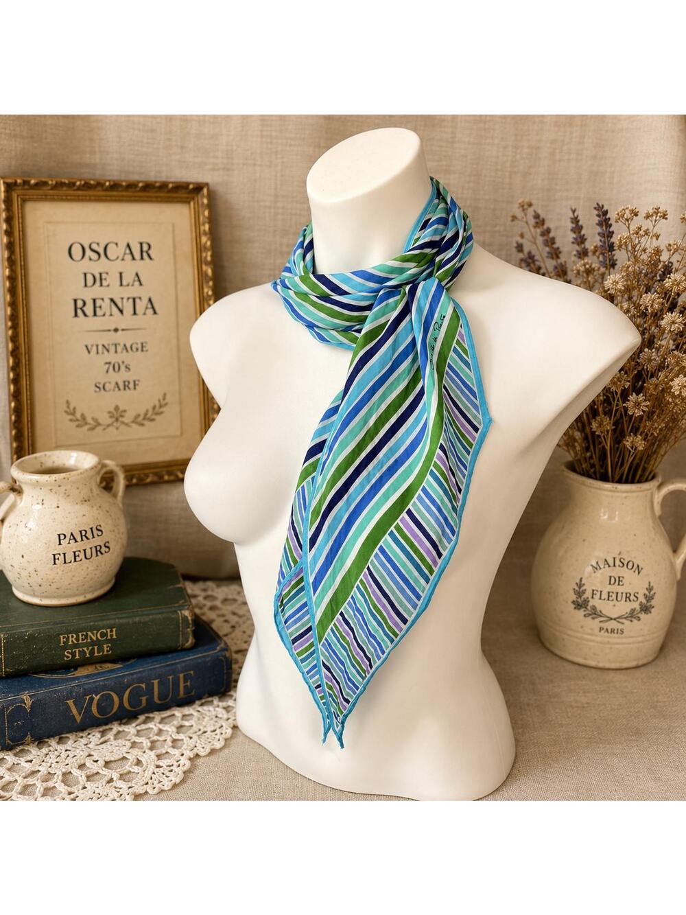 Vintage Oscar de la Renta Silk Skinny Scarf Diagonal Turquoise Japan 7x78"